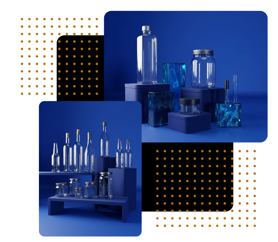 Modern premium glass bottles jars and packaging containers displayed in a luxury blue studio setup